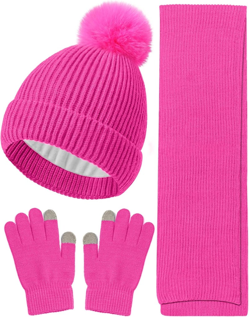 Wandx Kids Winter Hat Gloves Scarf Set Children Pompom Knit Beanie Warm Gloves with Thick Fleece for Boys Girls Ages 4-12 - Image 1